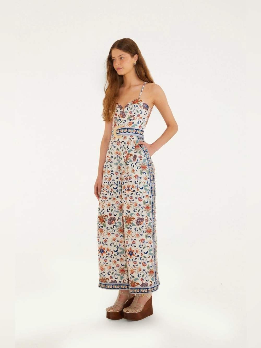 Farm Rio Soft Pink Delhi Tapestry Belted Jumpsuit Medium Linen
